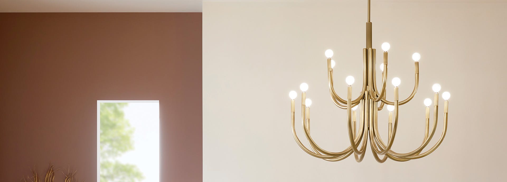 Close up of a gold finish Ocala chandelier with both glass and opaque bulbs
