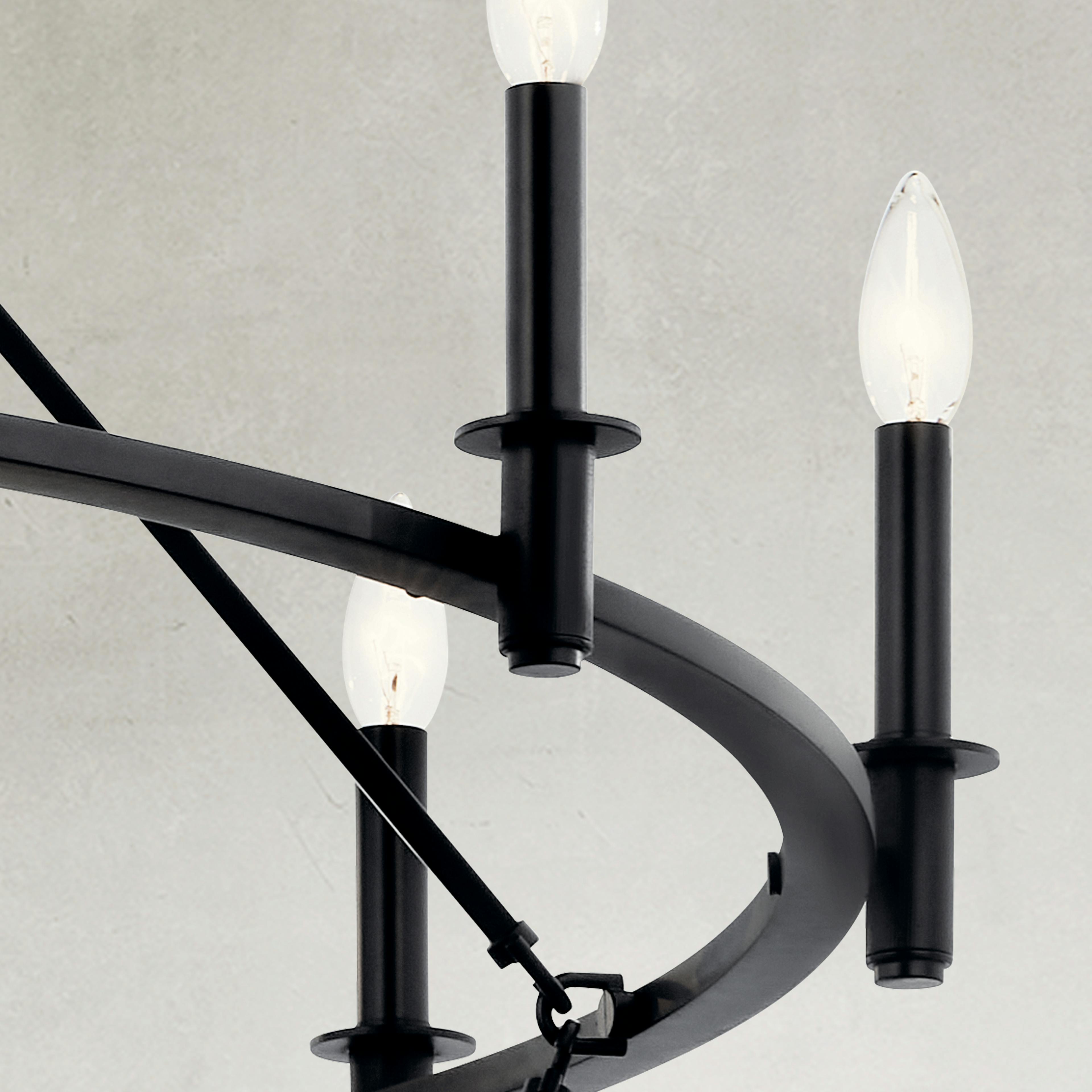 Close up of the Carrick 54.25 Inch 18 Light 2-Tier Chandelier in Black on a white background