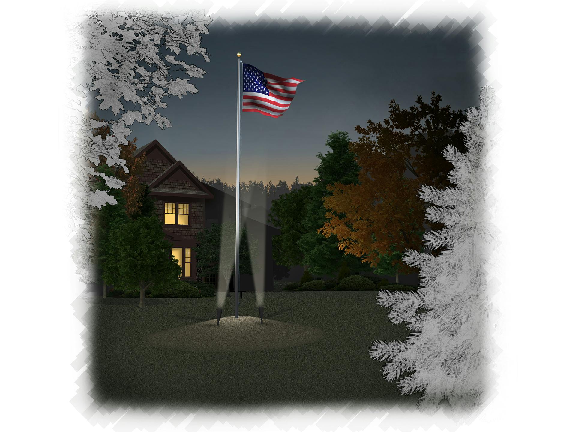 Illustration of a flagpole at night with uplighting