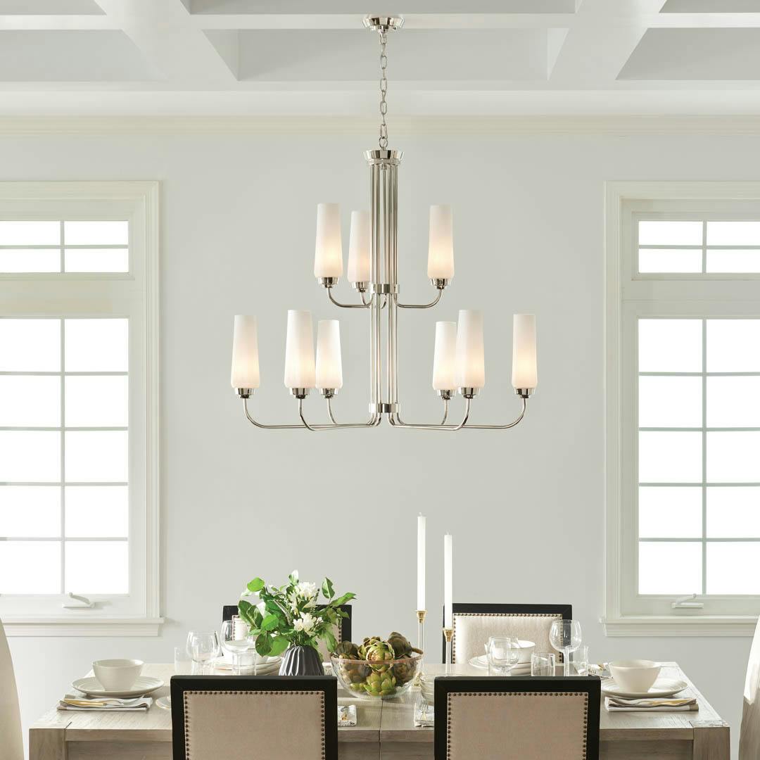 Day time dining room with Truby 9 Light Chandelier Polished Nickel