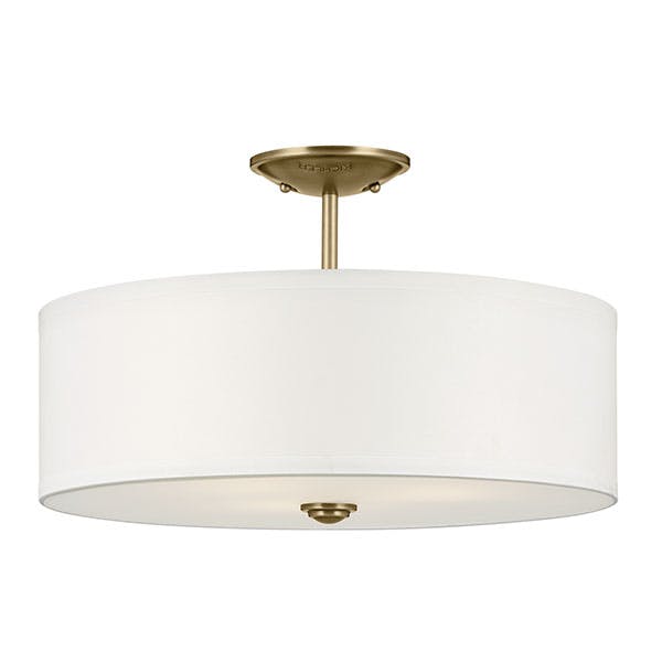 The Shailene 11.5" 3-Light Small Round Semi Flush in Natural Brass on a white background