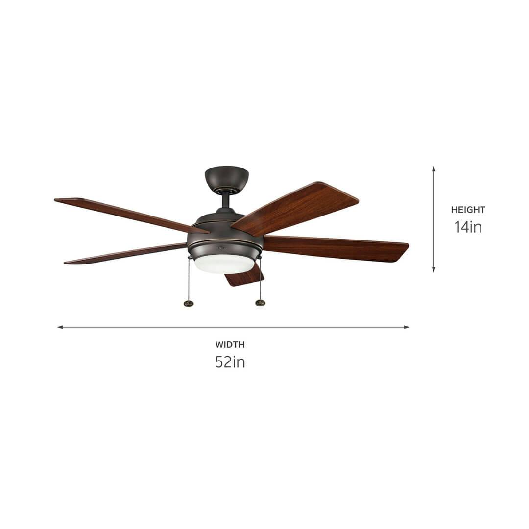 Starkk™ LED 52" Fan Olde Bronze® on a white background with dimensions also shown in tech specs