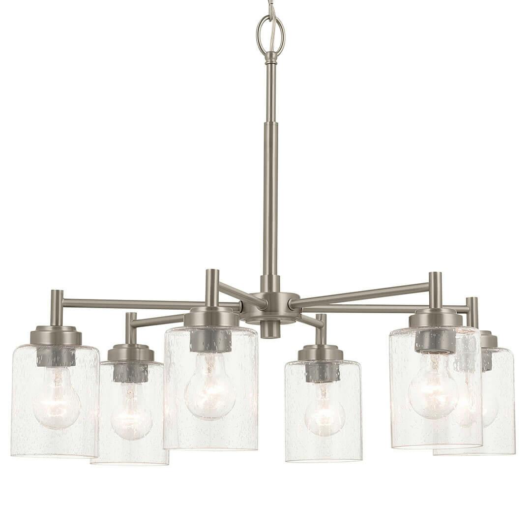 The Winslow 26-Inch 6 Light Chandelier with Clear Seeded Glass in Brushed Nickel on a white background