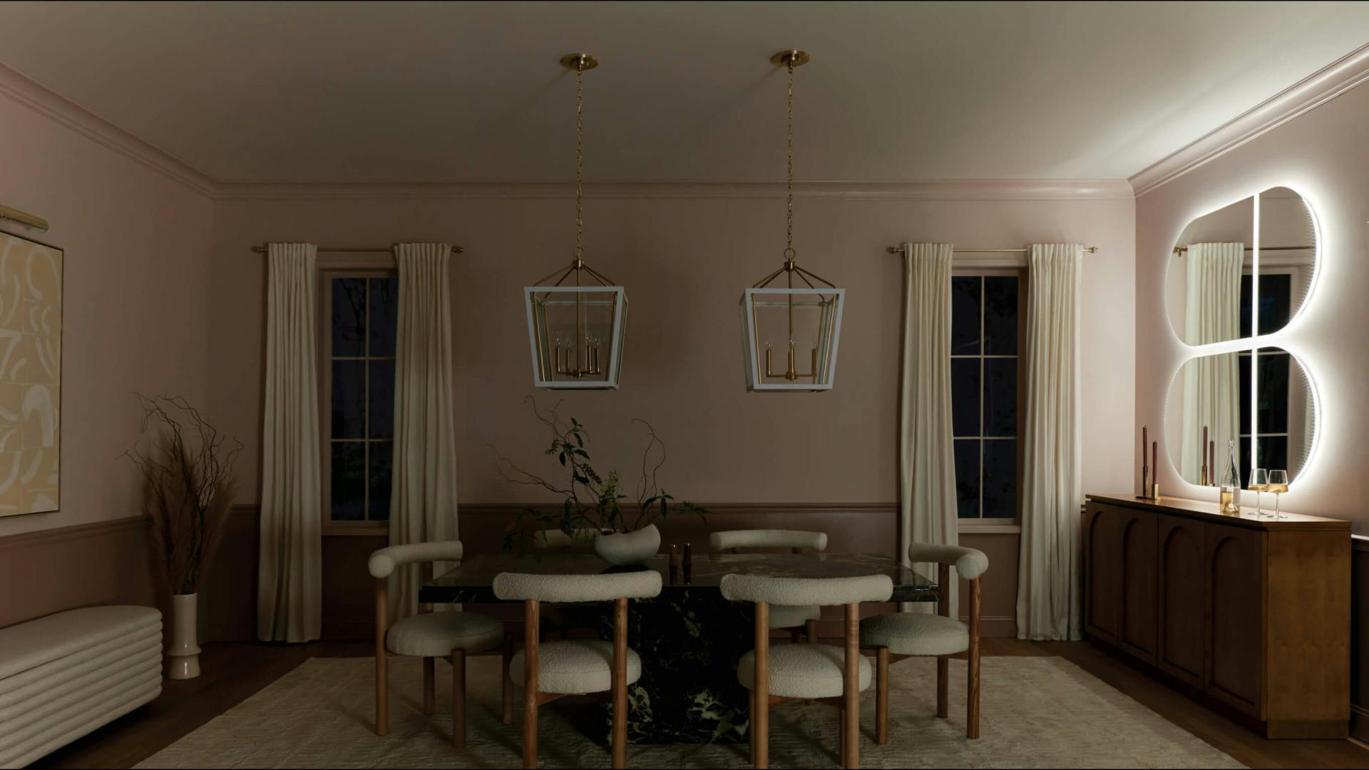 Dinning room with only a Radana mirror light turned on at the right side of the room at night 