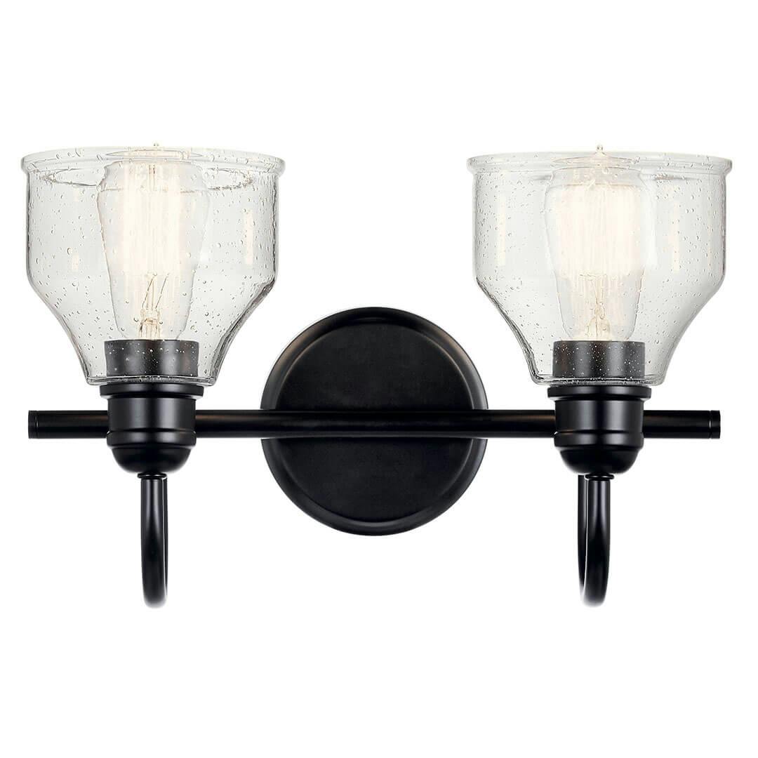 Fronte view of the Avery 15 Inch 2 Light Vanity Light with Clear Seeded Glass in Black on a white background