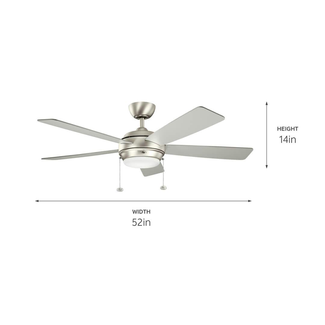 Starkk™ LED 52" Fan Brushed Nickel on a white background with dimensions also shown in tech specs
