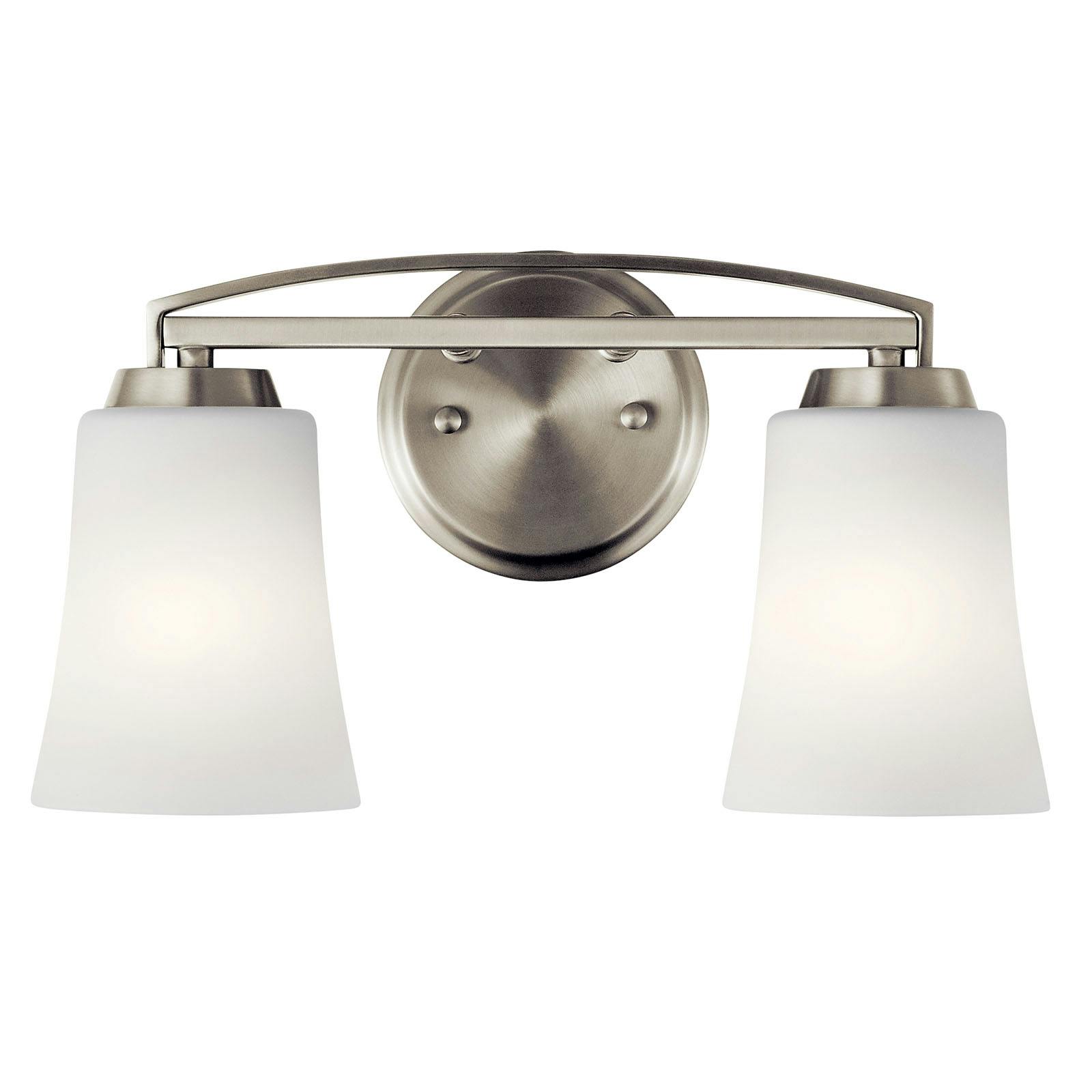 The Tao 2 Light Vanity Light Brushed Nickel facing down on a white background