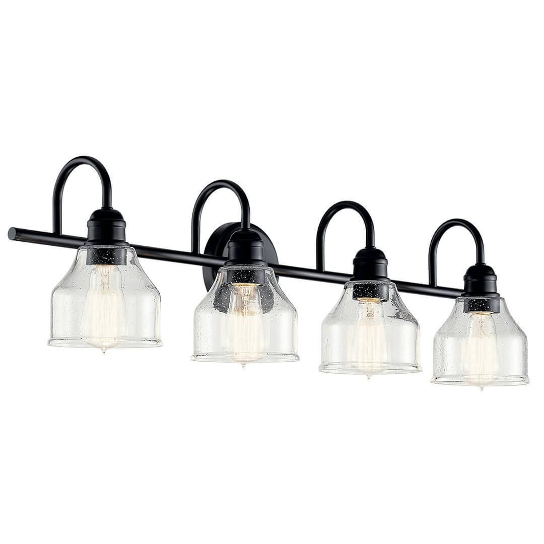 The Avery 33.5 Inch 4 Light Vanity Light with Clear Seeded Glass in Black on a white background