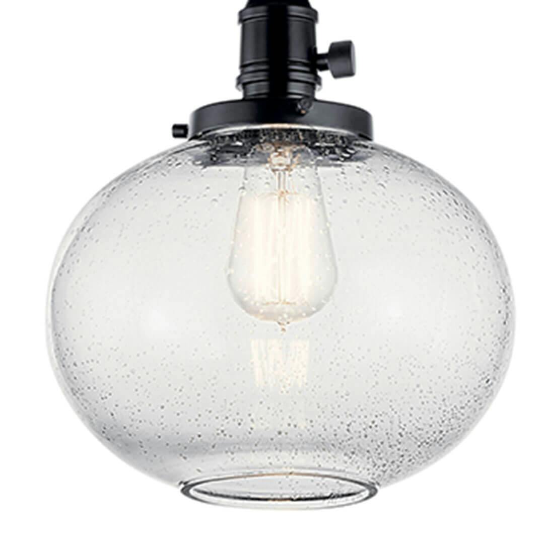 Close up of the Avery 11.25 Inch 1 Light Mini Pendant with Clear Seeded Glass in Black on a white background