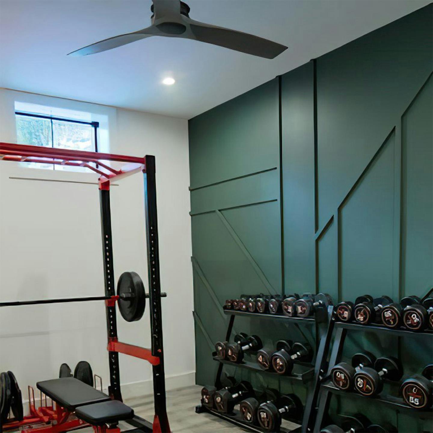 Home gym with ceiling fan