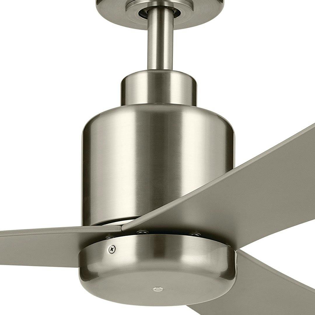Close up view of the 52 True Ceiling Fan in Brushed Stainless Steel with Silver Blades on a white background