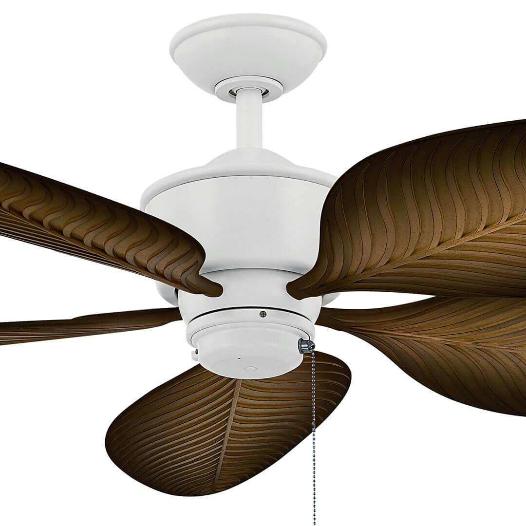 Close up of the 56" Nani 5 Blade Weather+ Outdoor Ceiling Fan in Matte White and Warm Maple Blades on a white background