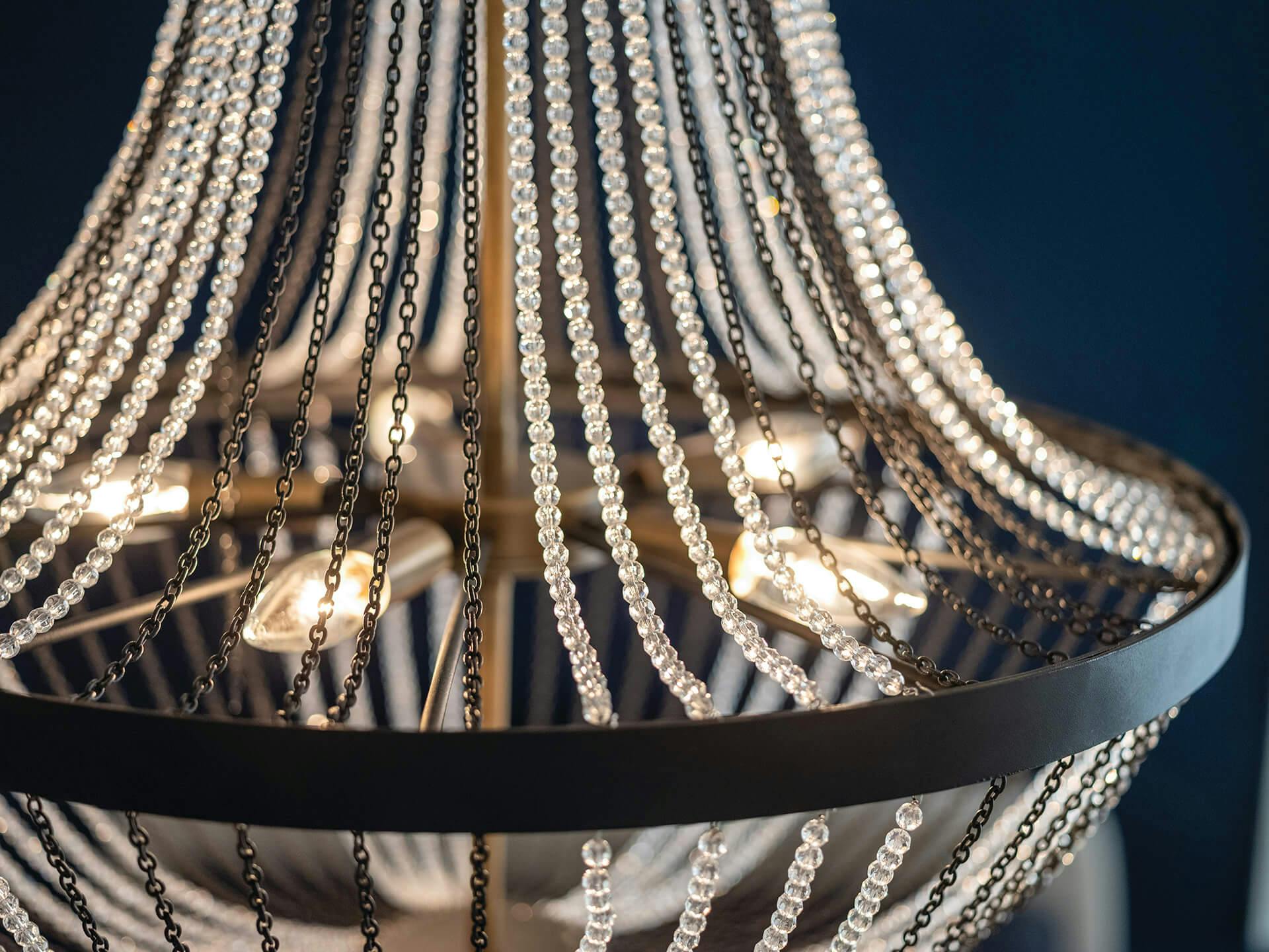 Close-up of a lit Alexia chandelier