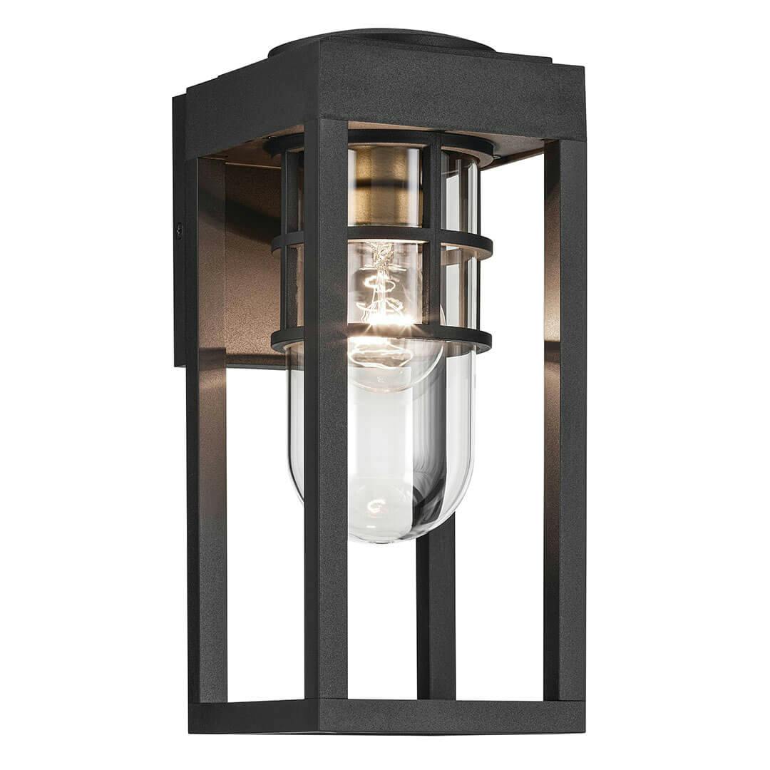 The Hone 13" 1 Light Outdoor Wall Light with Clear Glass in Textured Black with Natural Brass Accent on a white background
