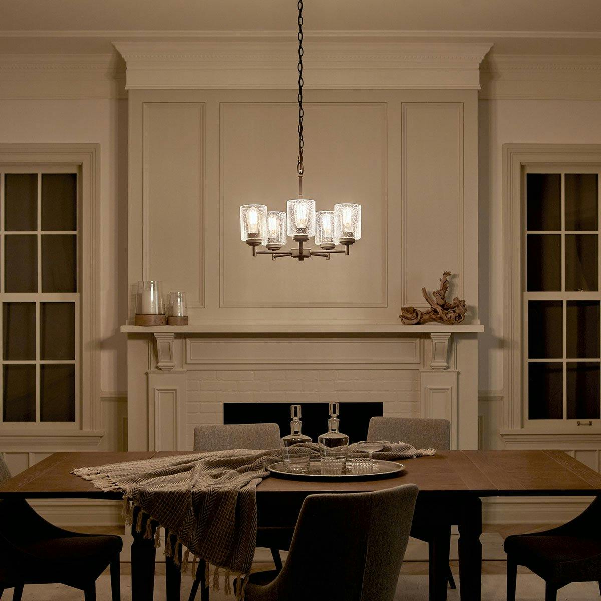 Night time dining room image featuring Winslow chandelier 44030OZ