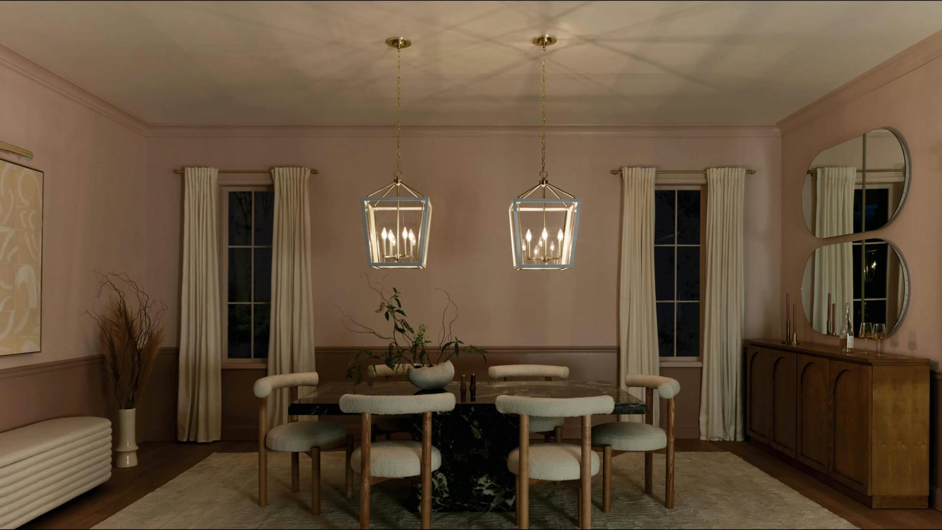 Dinning room with Delvin pendant lights turned on over a dinning room table 