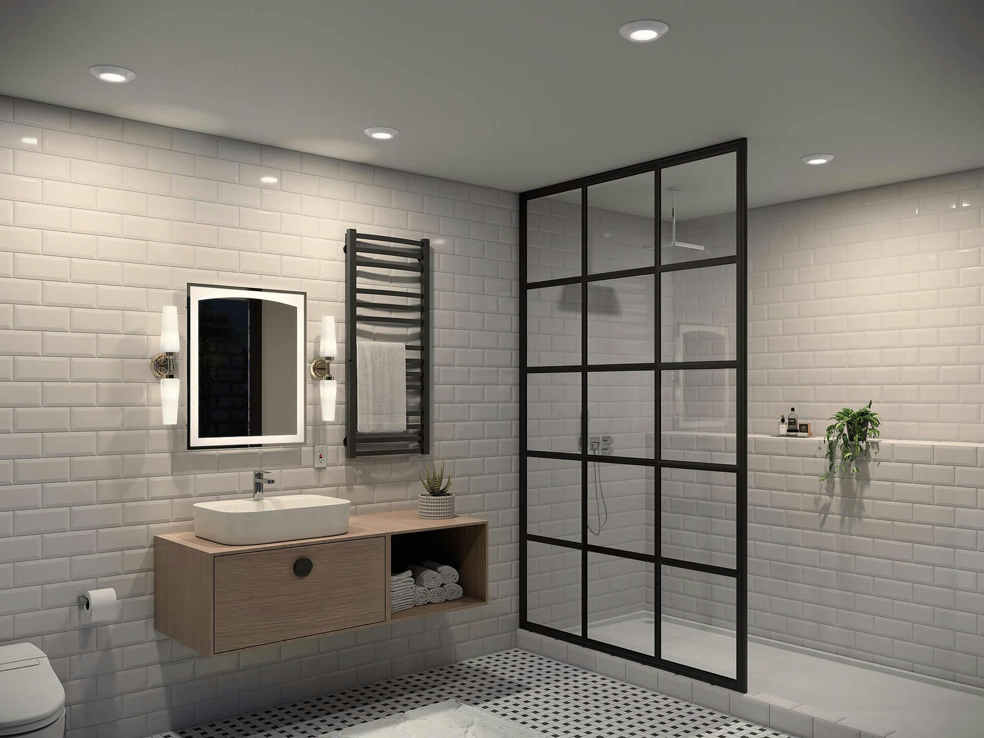Bathroom with white subway tile walls and black glass shower and Horizon III recessed lights