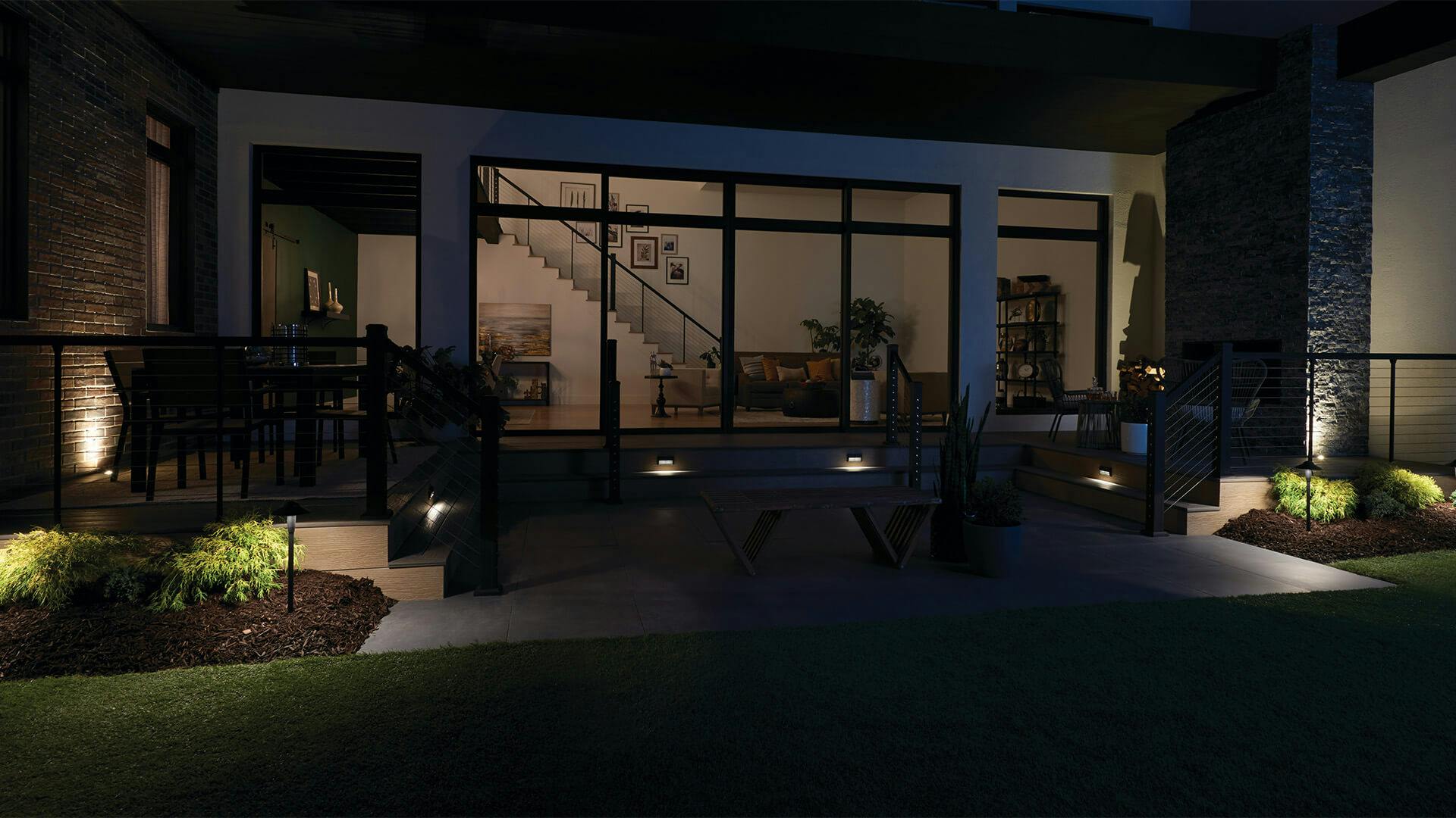 Exterior contemporary home with landscaping lights