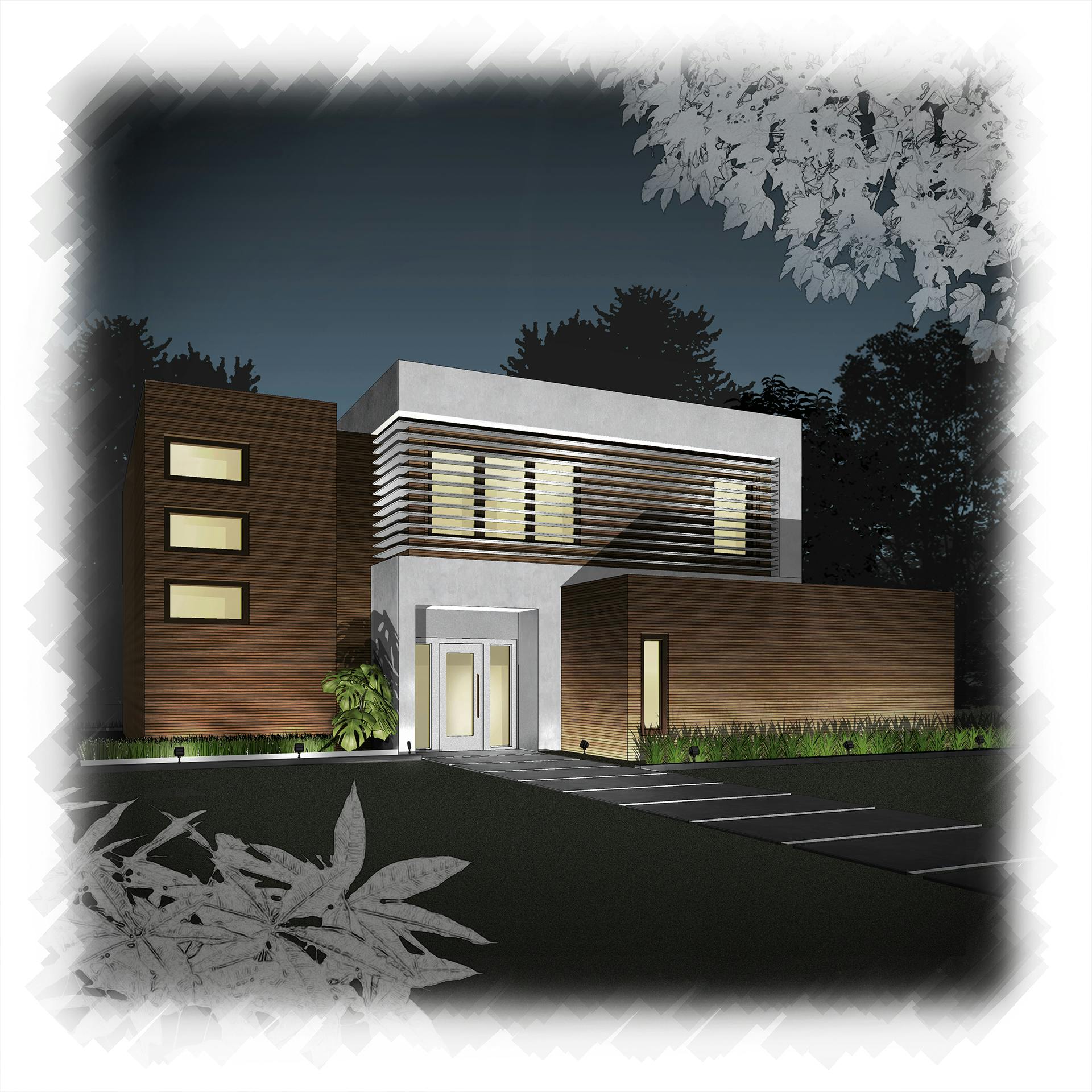 Illustration of a modern home exterior at night with up lighting