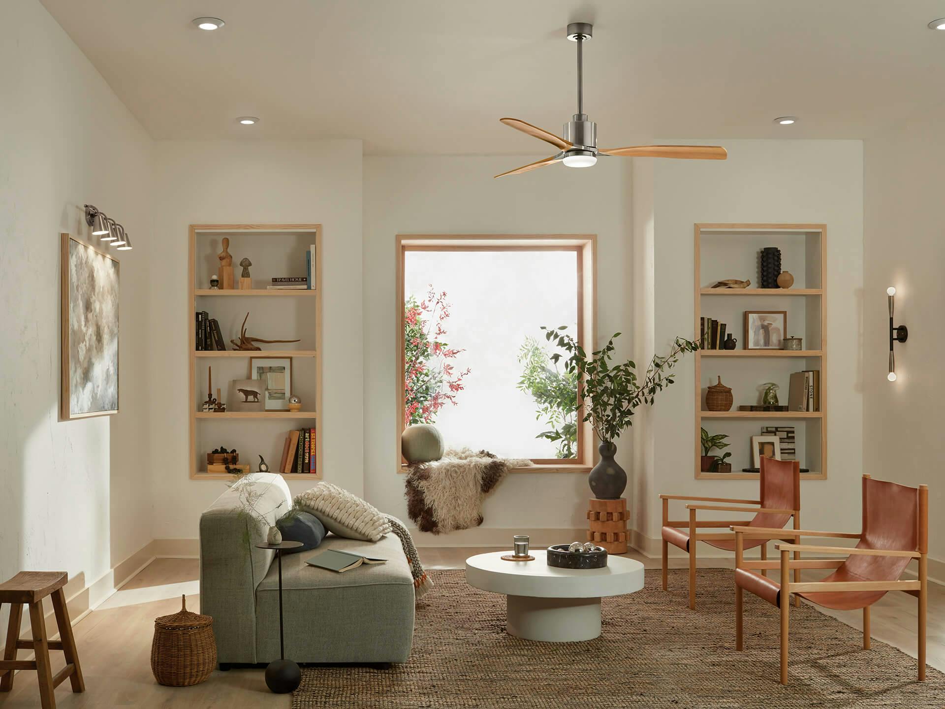 Living room during the day featuring a Ridley ceiling fan