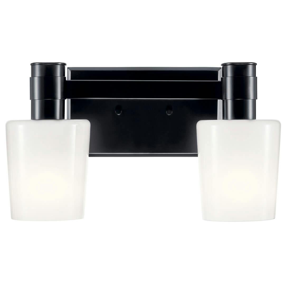 Front view of the Adani 14.5 Inch 2 Light Vanity Light with Opal Glass in Black on a white background