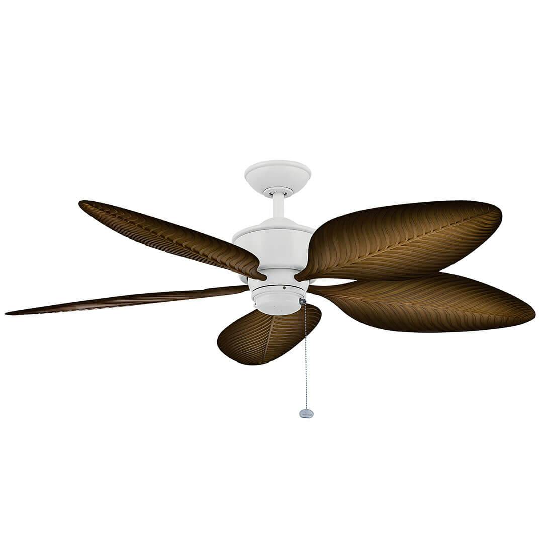 The 56" Nani 5 Blade Weather+ Outdoor Ceiling Fan in Matte White and Warm Maple Blades on a white background