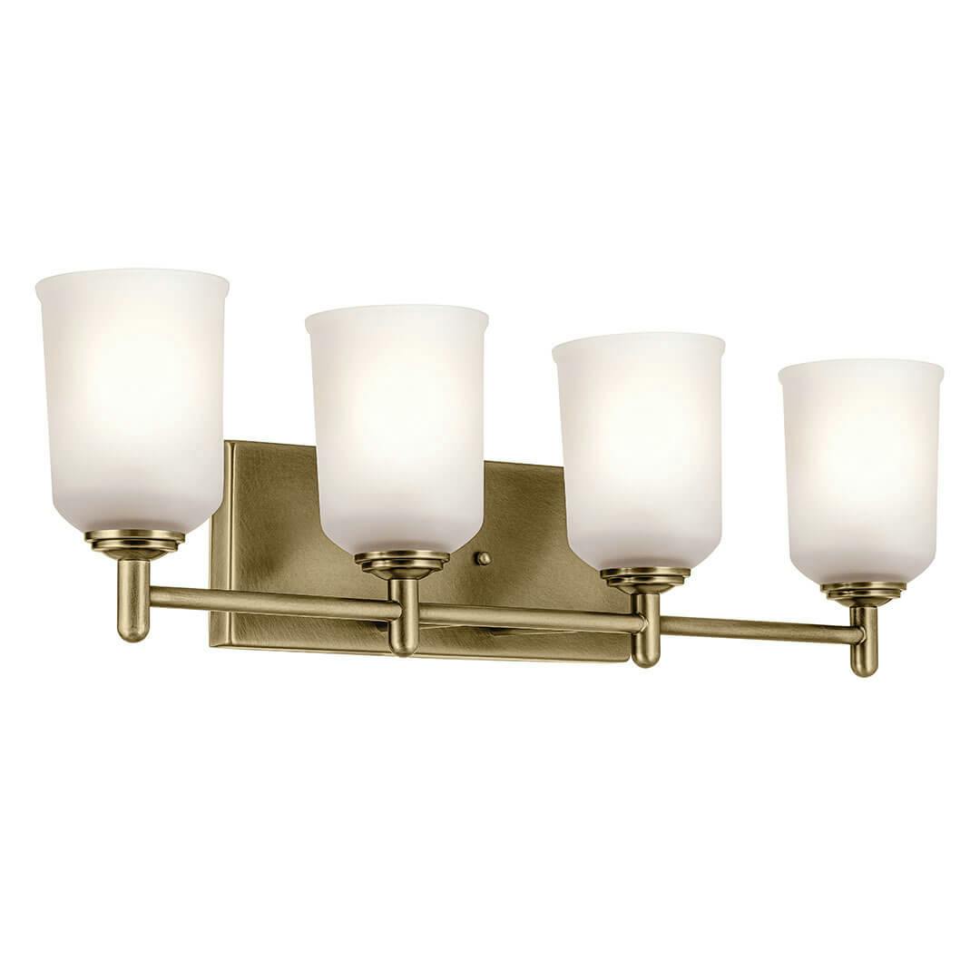 The Shailene 29.75" 4-Light Vanity Light in Natural Brass on a white background