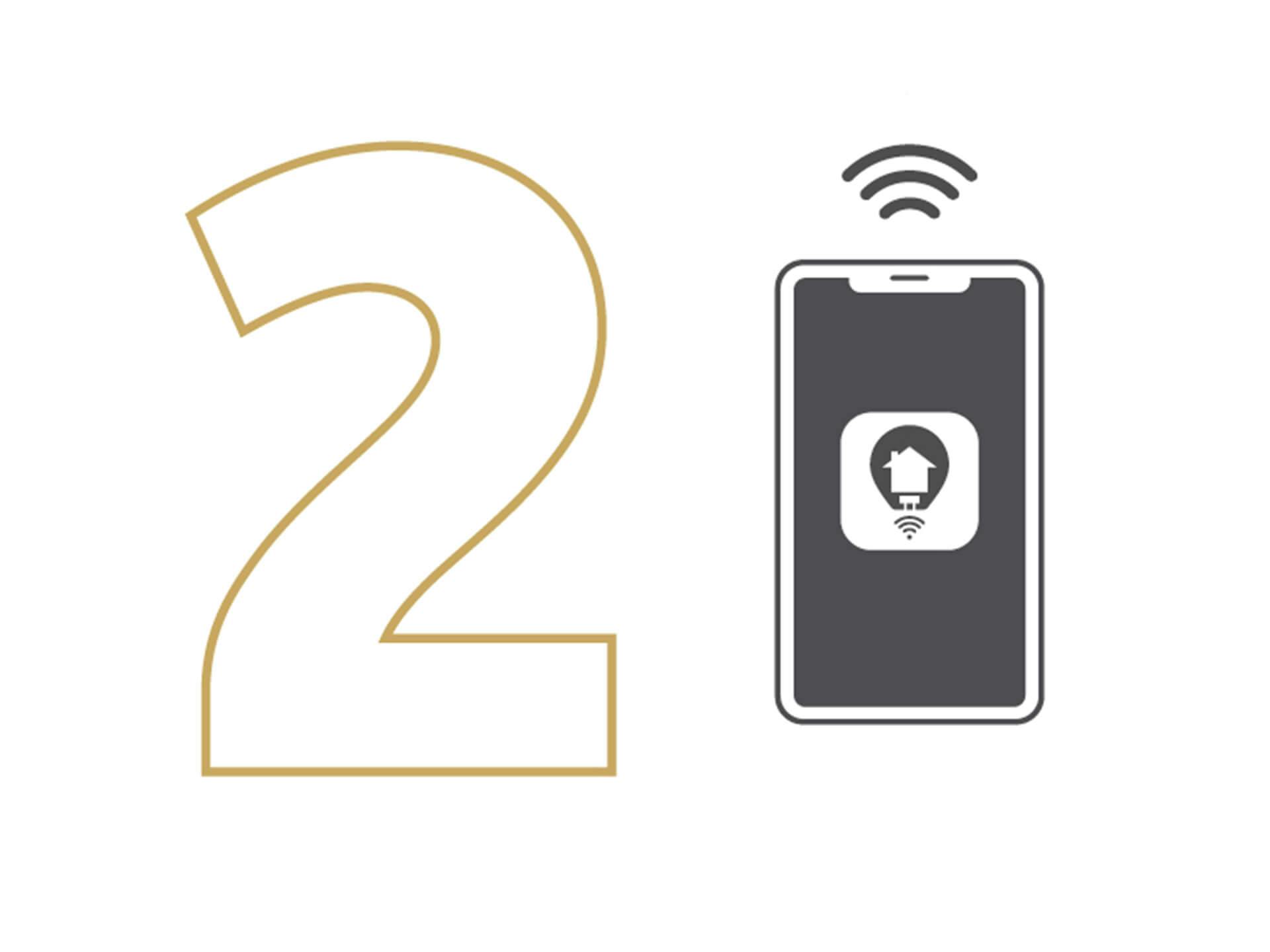'2' next to an illustration of a mobile phone with the Kichler Connect app logo on it