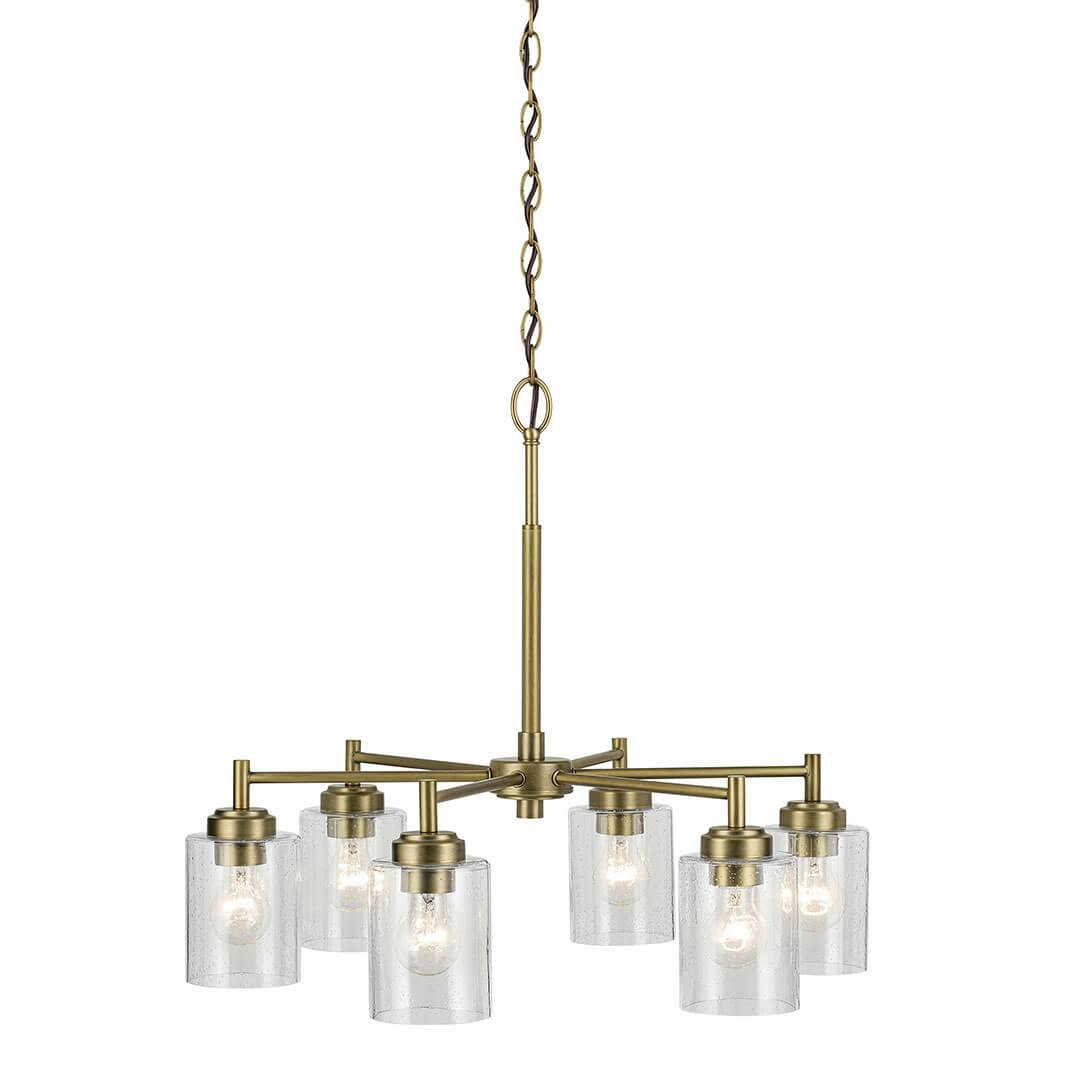 The Winslow 16.5" 6-Light Chandelier in Natural Brass mounted down on a white background