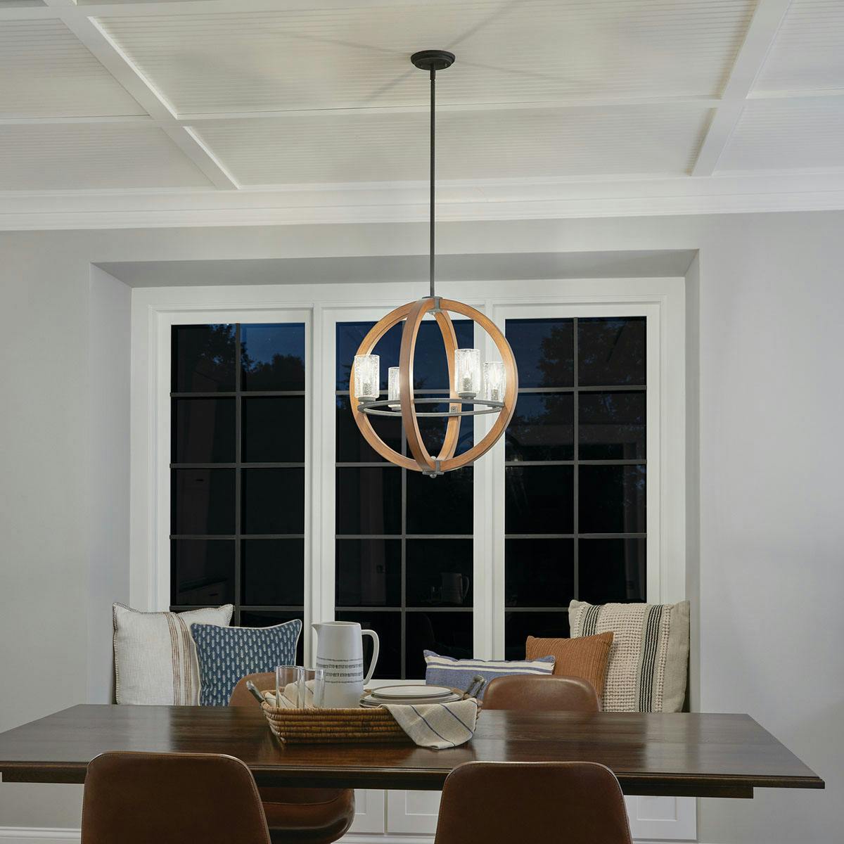 Night time dining room image featuring GrandBank chandelier 43185AUB