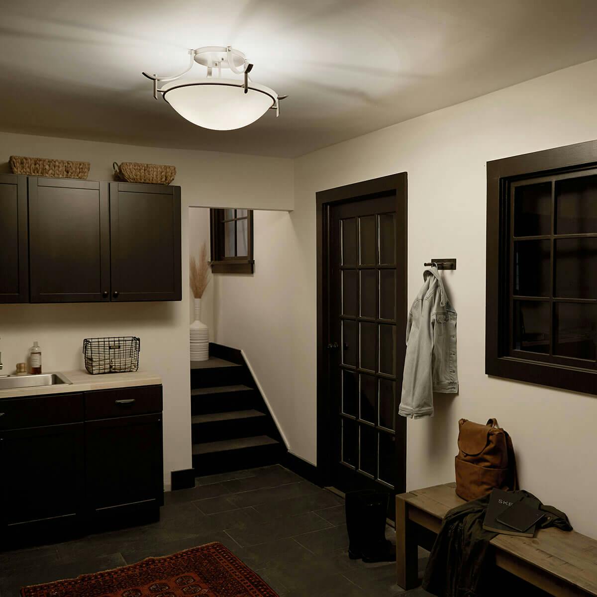 Night time mudroom image featuring Olympia flush mount light 3606AP