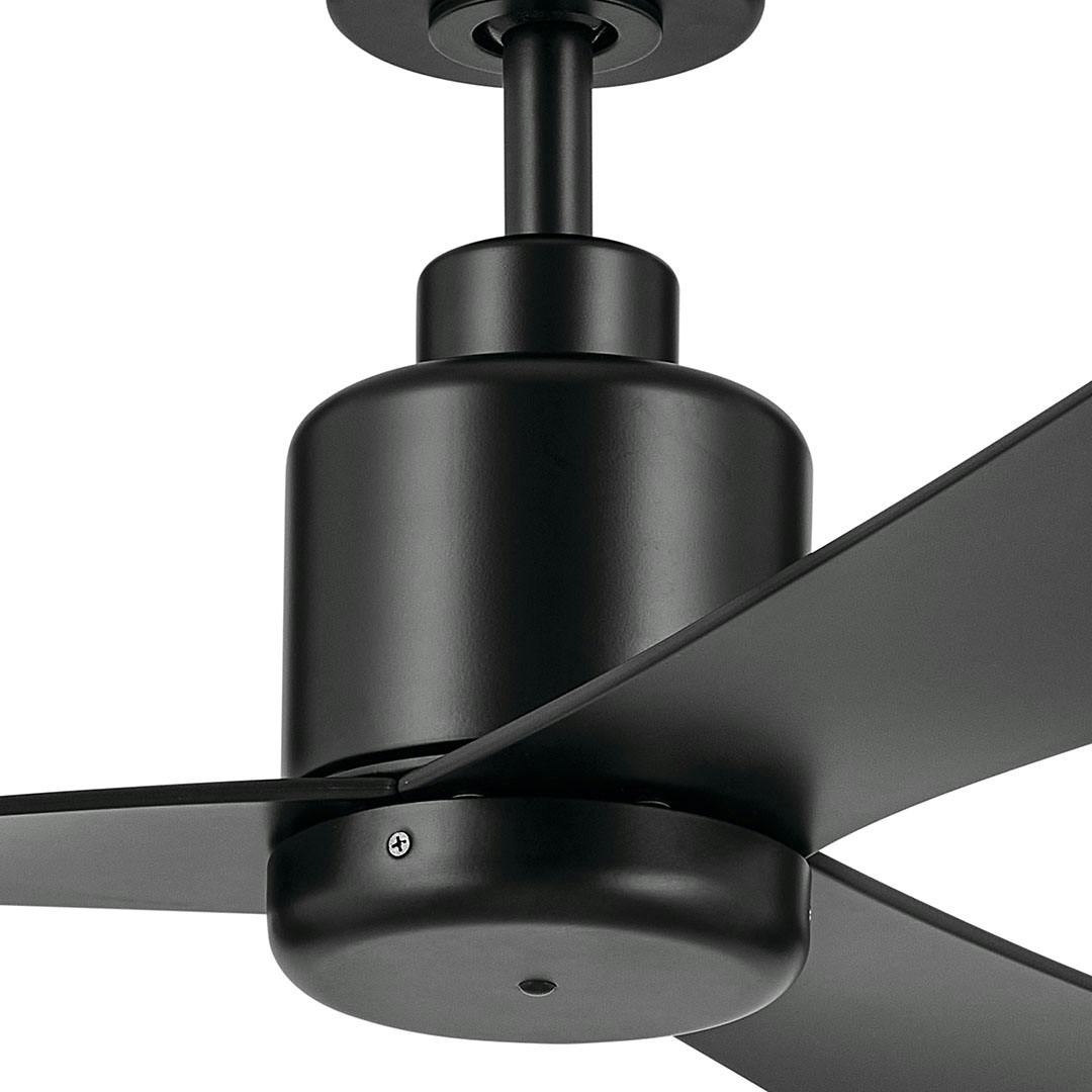 Close up view of the 52 Inch True Ceiling Fan in Satin Black with Satin Black Blades on a white background