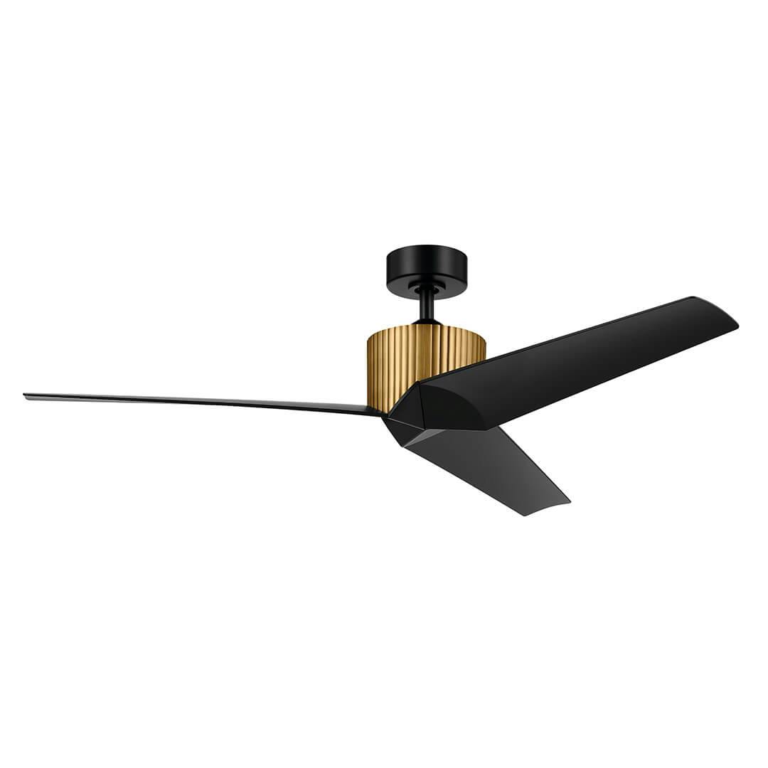 The 56" Almere 3 Blade Indoor Ceiling Fan in Natural Brass with Satin Black Blades  on a white background