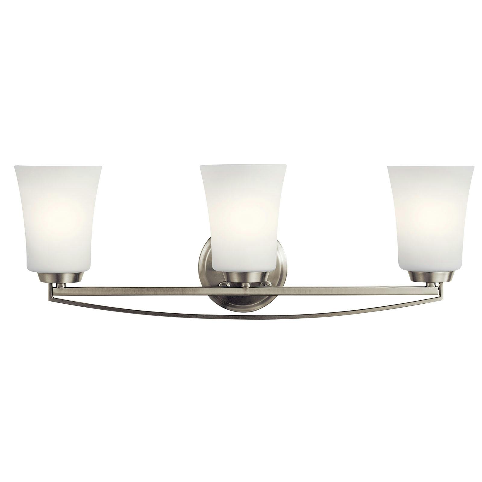 The Tao 3 Light Vanity Light Brushed Nickel facing up on a white background