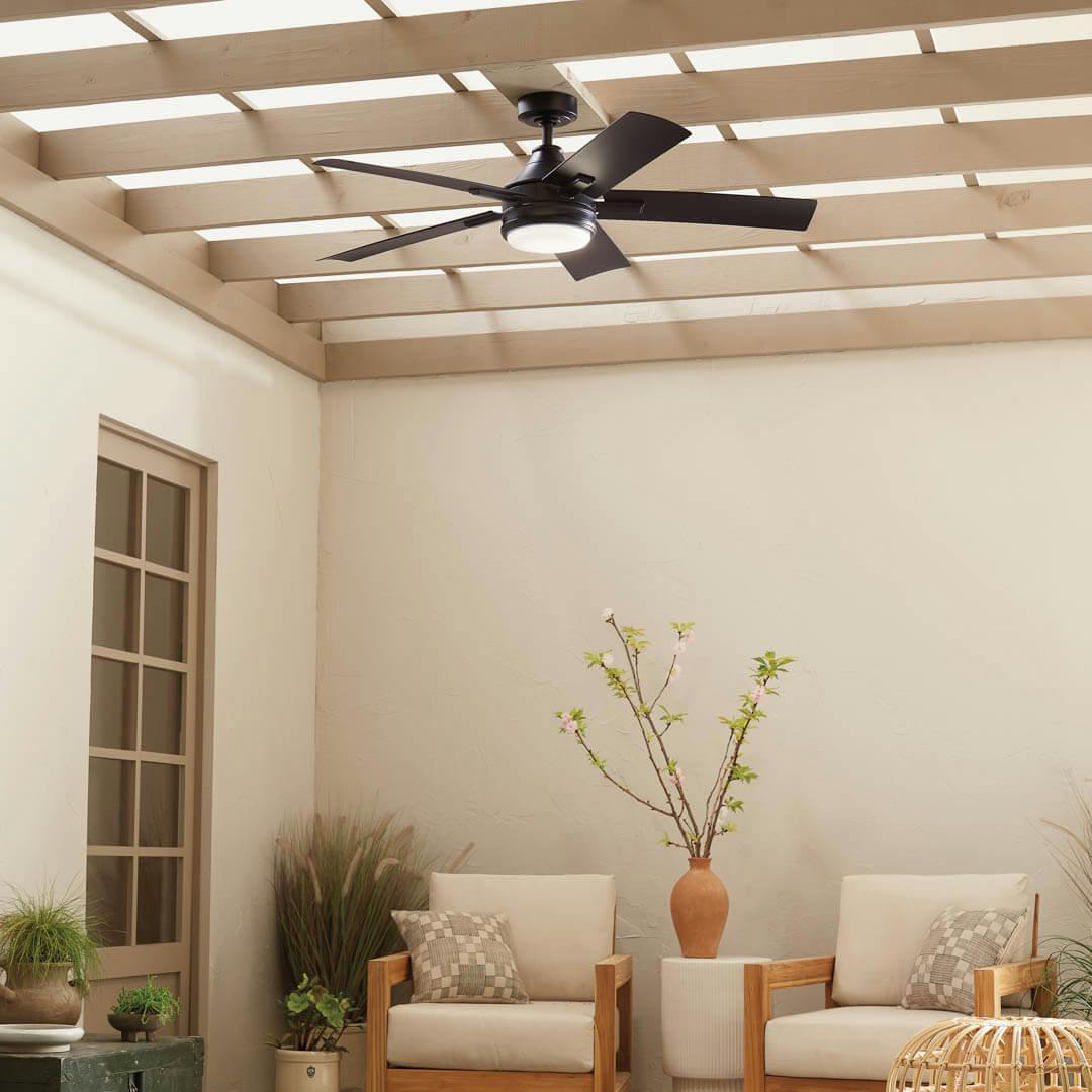 Day time exterior with 52" Tide 5 Blade Weather+ Outdoor Ceiling Fan Satin Black