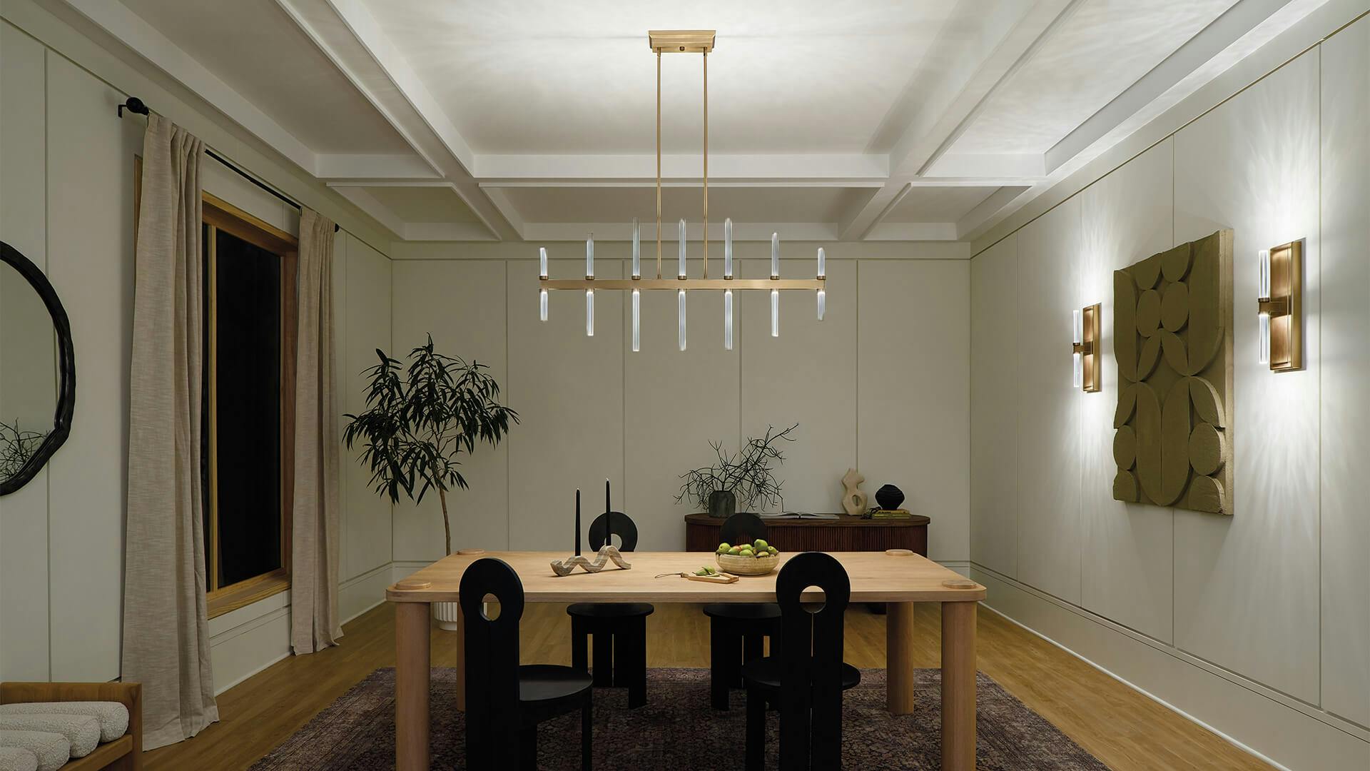 Dining Room with White Walls and Sycara chandelier in Champaign Bronze above dining table