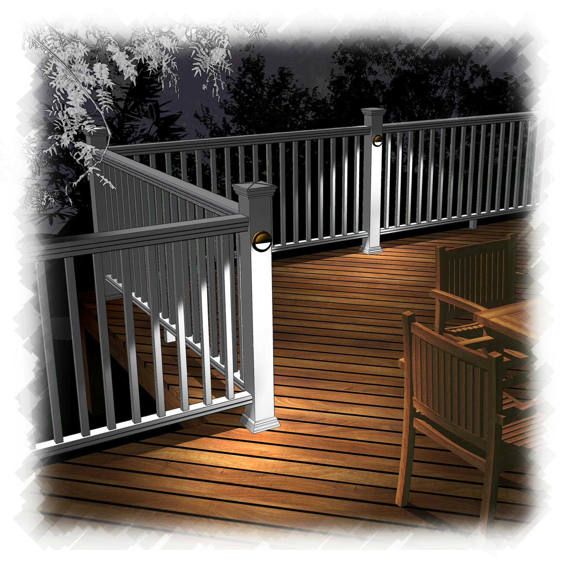Illustration of a deck with downlights on posts