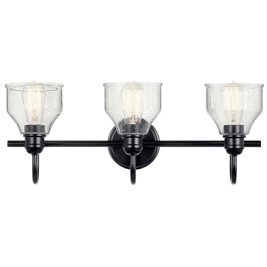 Fronte view of the Avery 24 Inch 3 Light Vanity Light with Clear Seeded Glass in Black on a white background