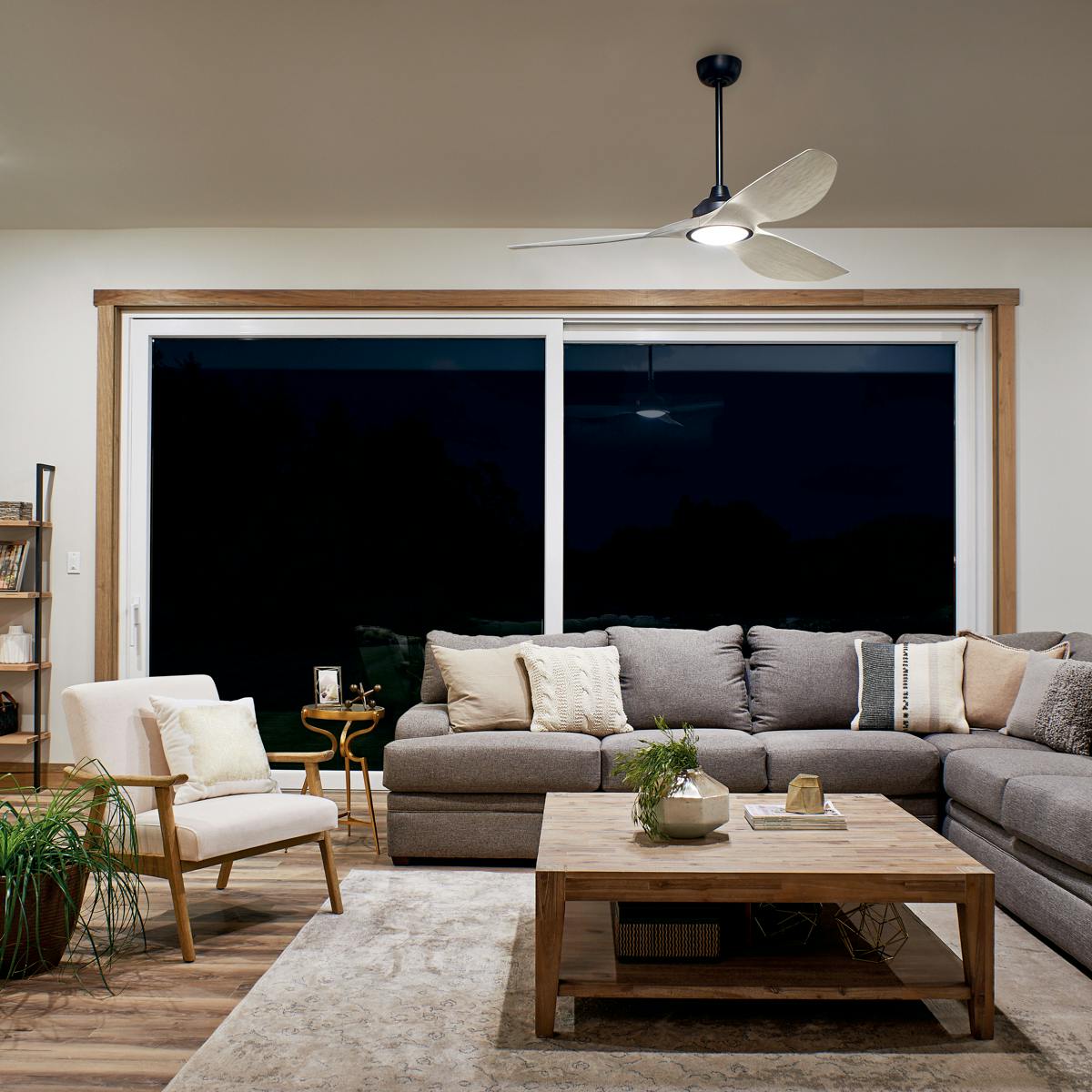 Night time living room image featuring Imari ceiling fan 300365SBK