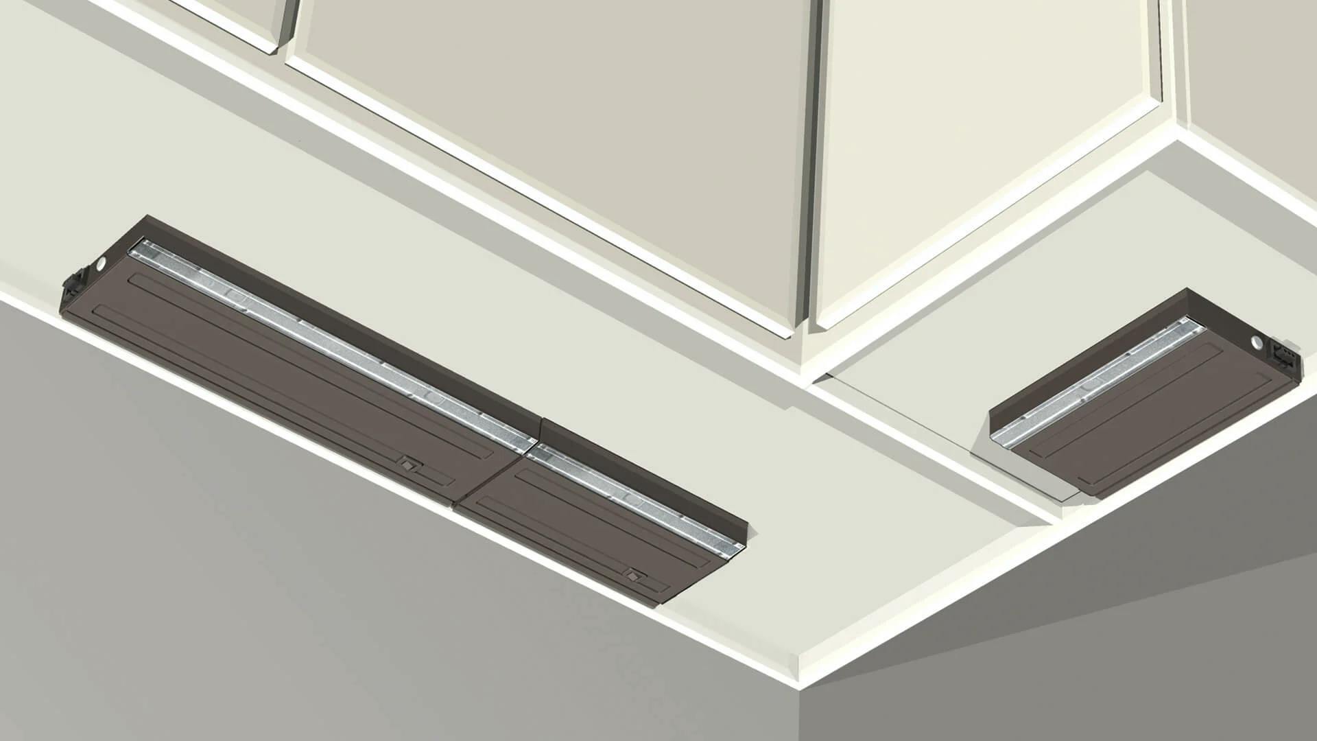 Illustration of under cabinet light boxes attached to cabinet.