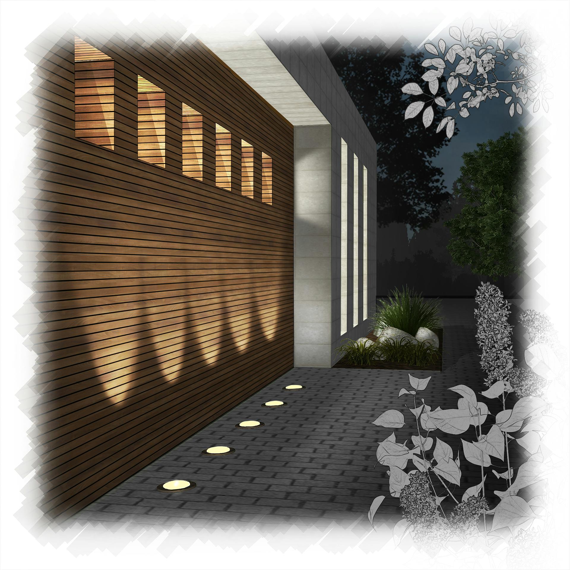 Illustration of an exterior home with in ground lights shining on a wall