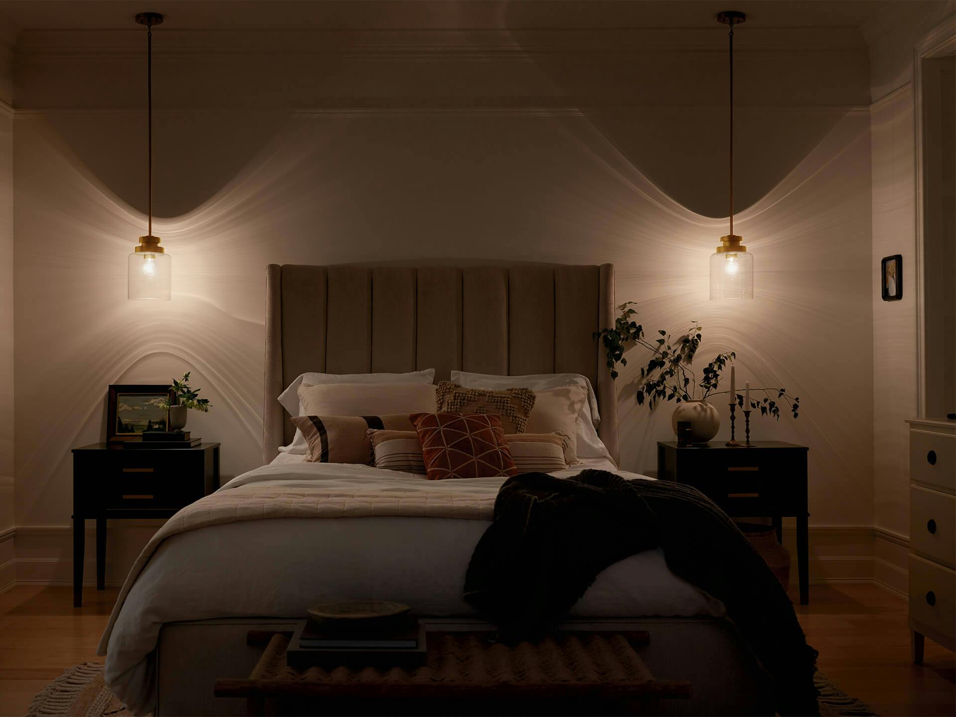 Bedroom at night with Annabeth pendants