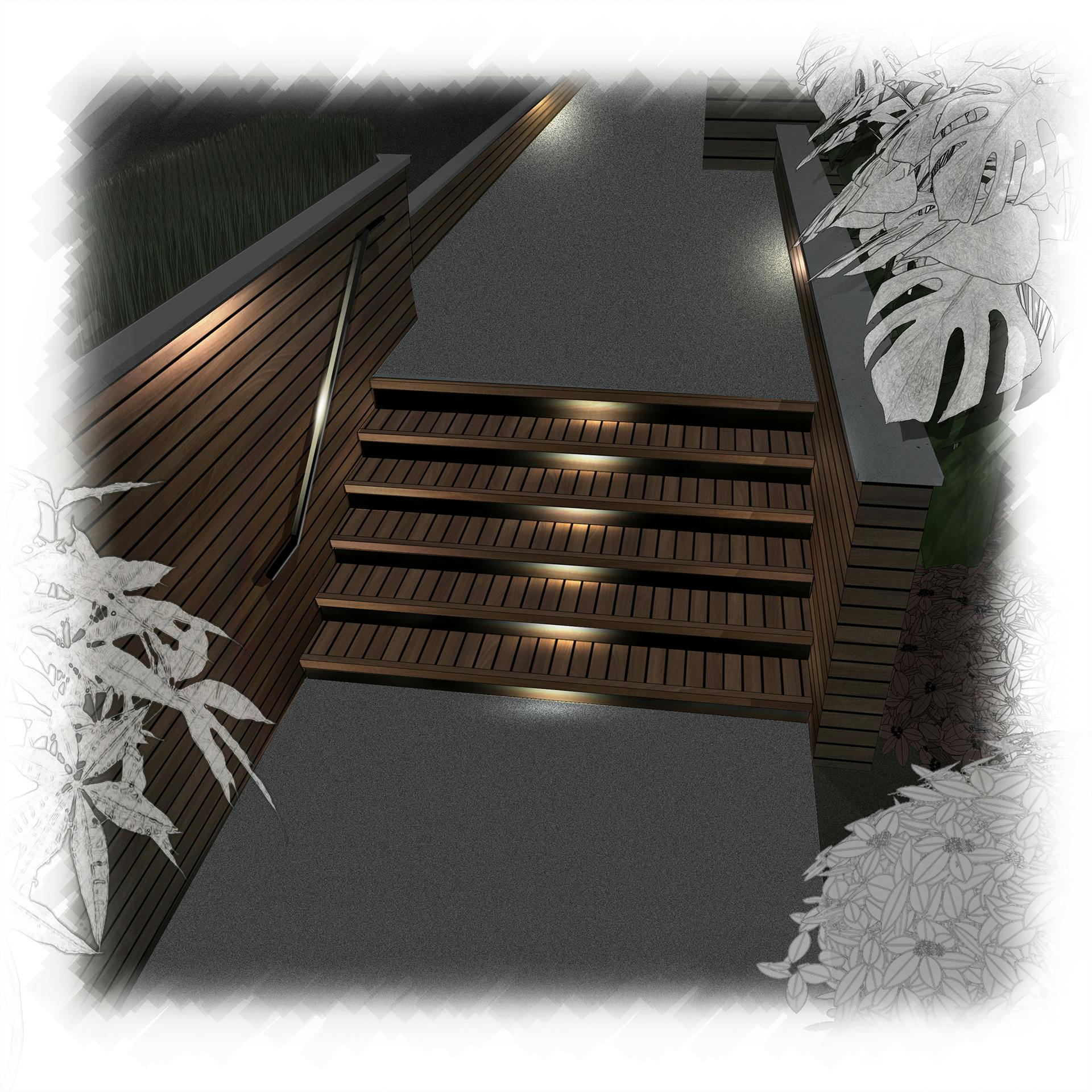 Illustration of outdoor stairs with downlights
