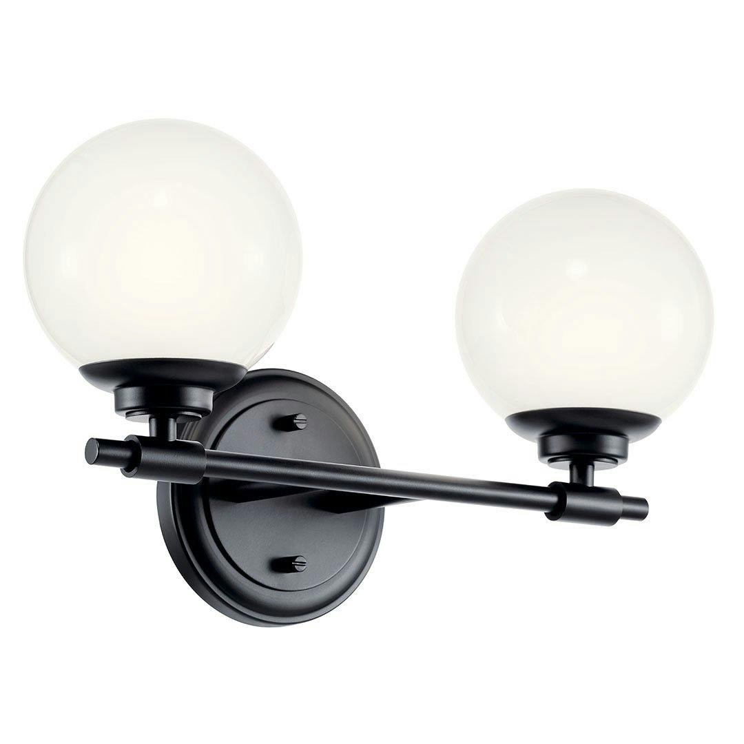 The Benno 14.75 Inch 2 Light Vanity Light with Opal Glass in Black on a white background