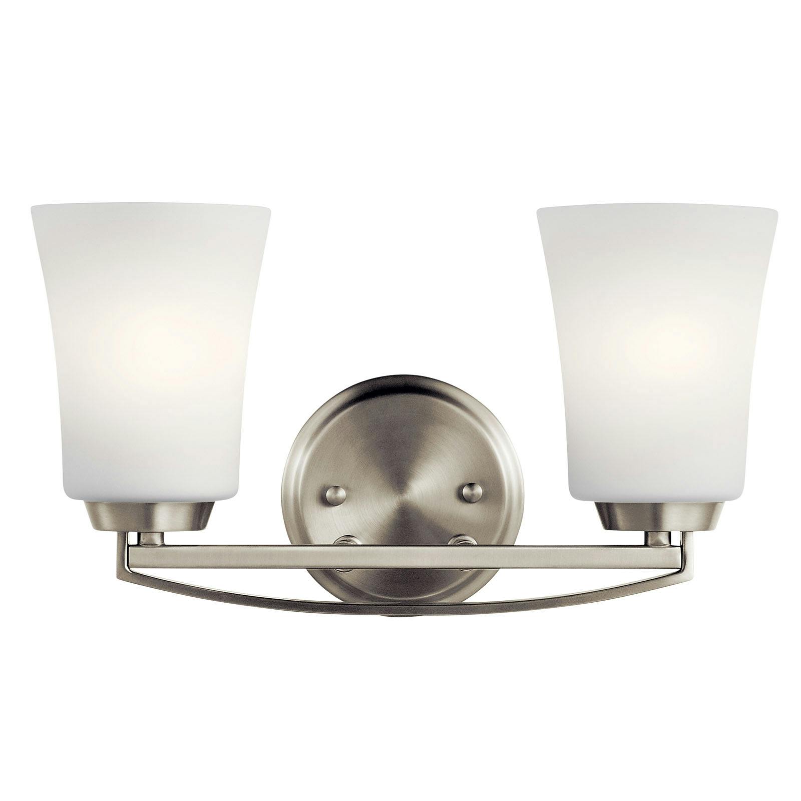 The Tao 2 Light Vanity Light Brushed Nickel facing up on a white background