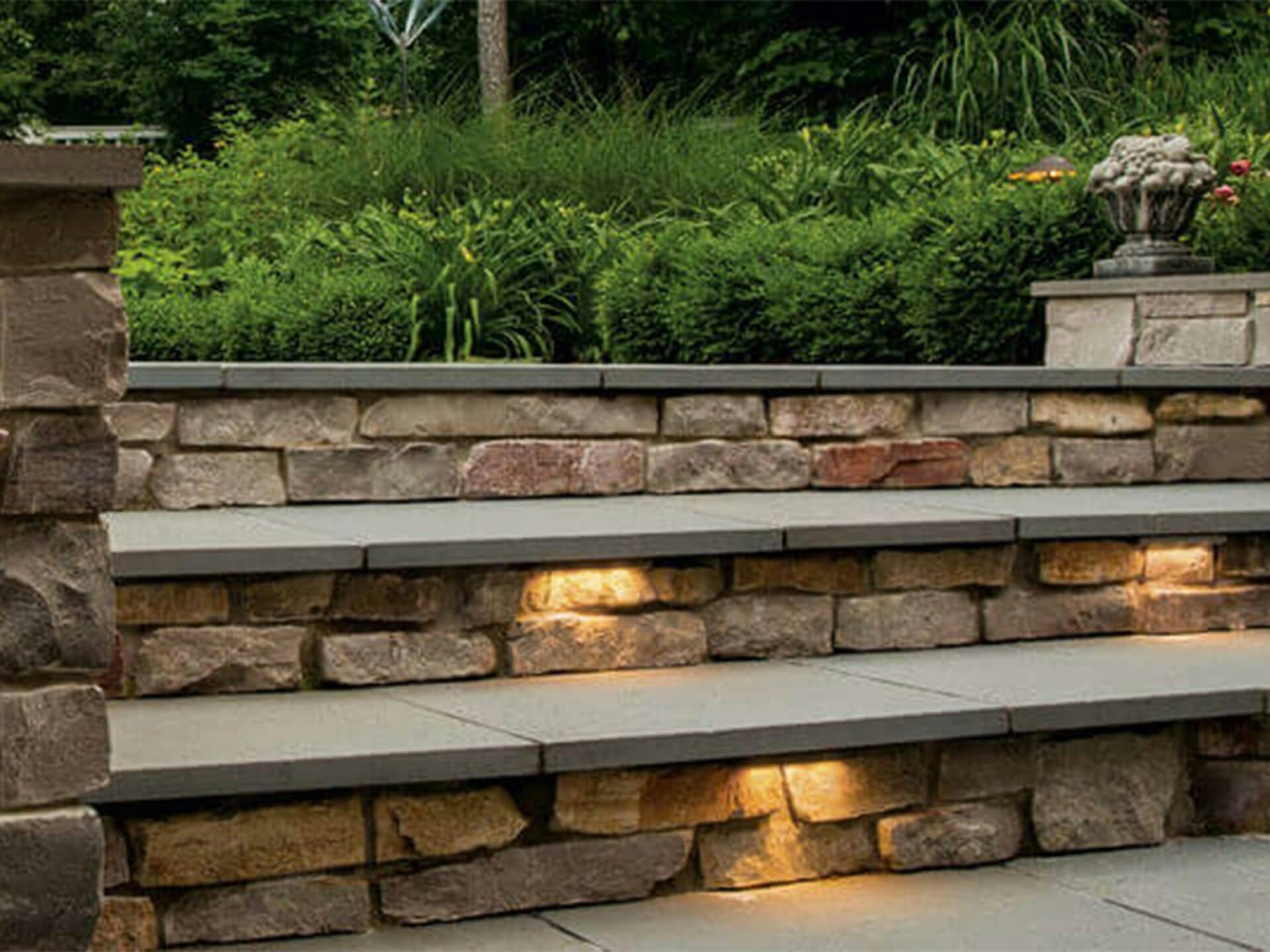 Outdoor stone steps with step lighting