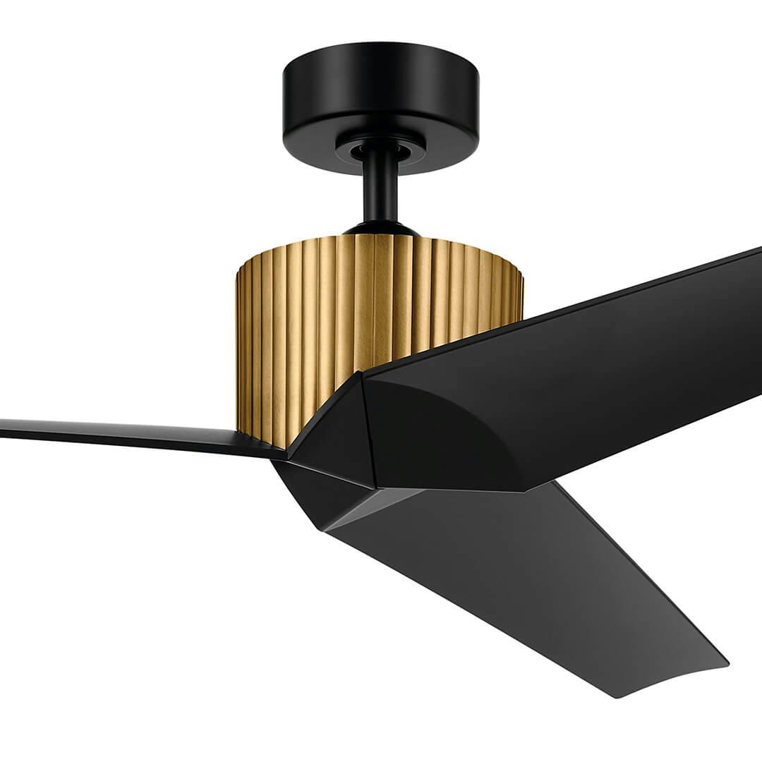 Close up of the 56" Almere 3 Blade Indoor Ceiling Fan in Natural Brass with Satin Black Blades  on a white background