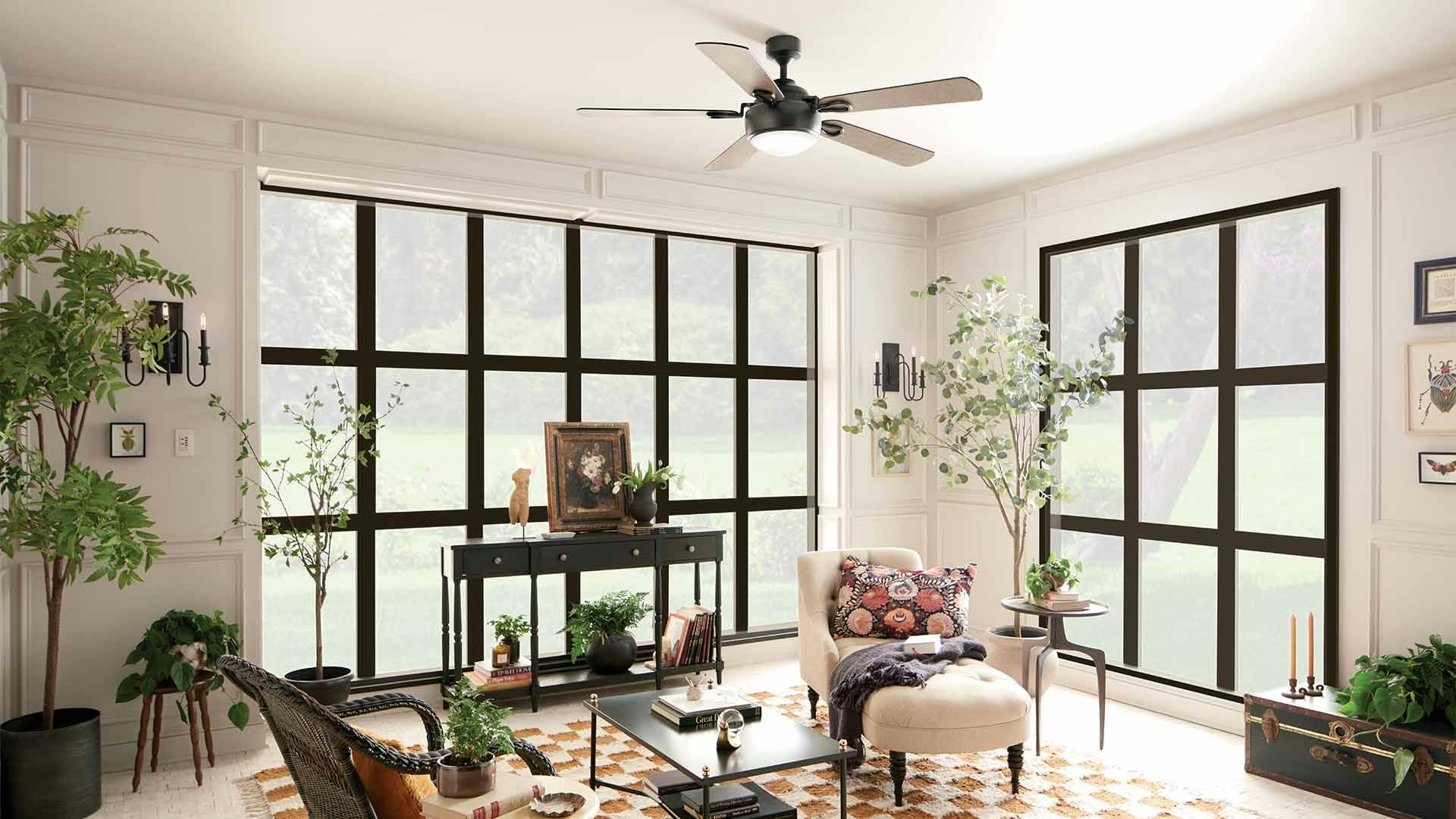 Living room with large windows, Humble ceiling fan in anvil iron.