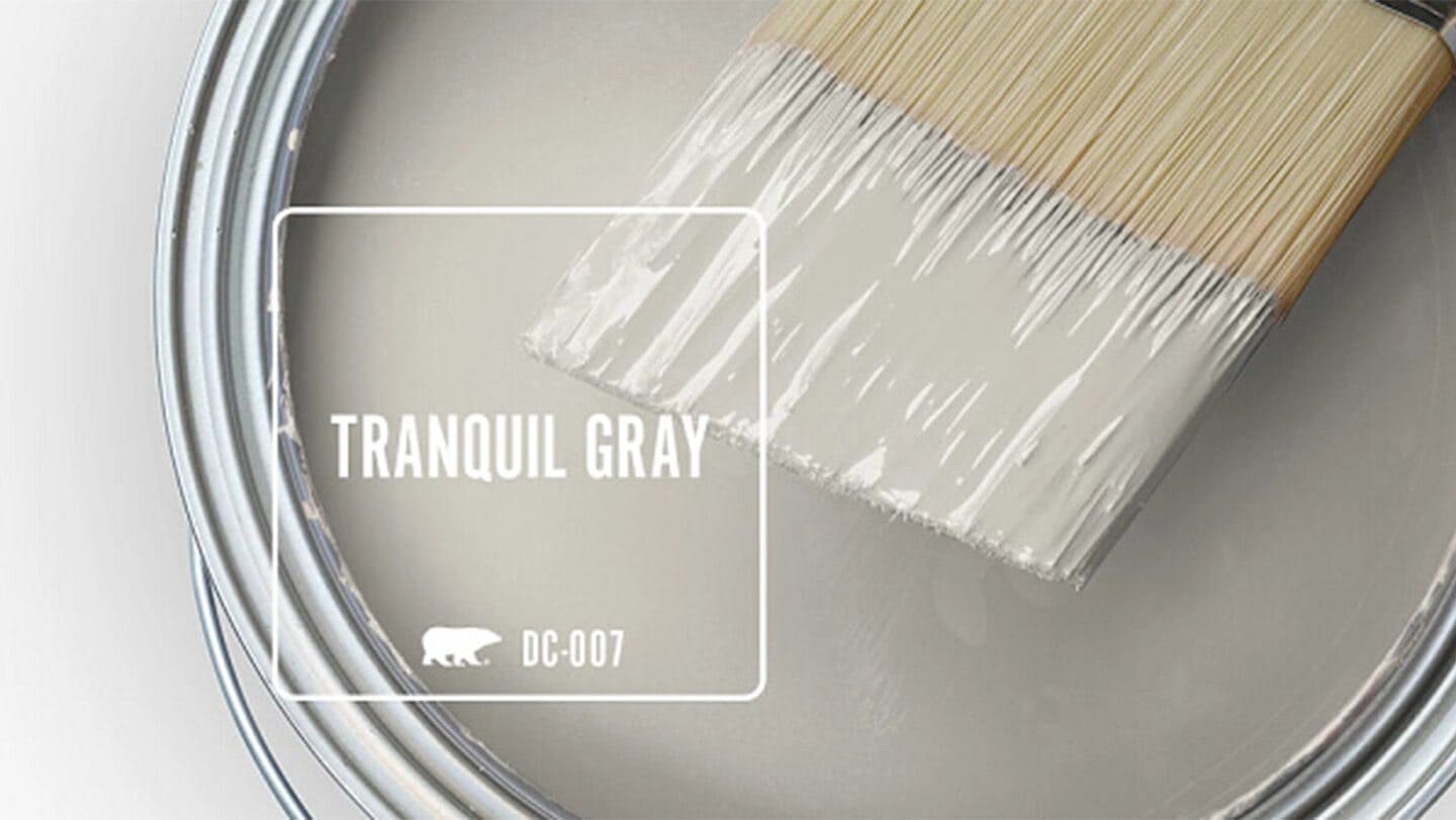 Tranquil Gray paint can and brush.