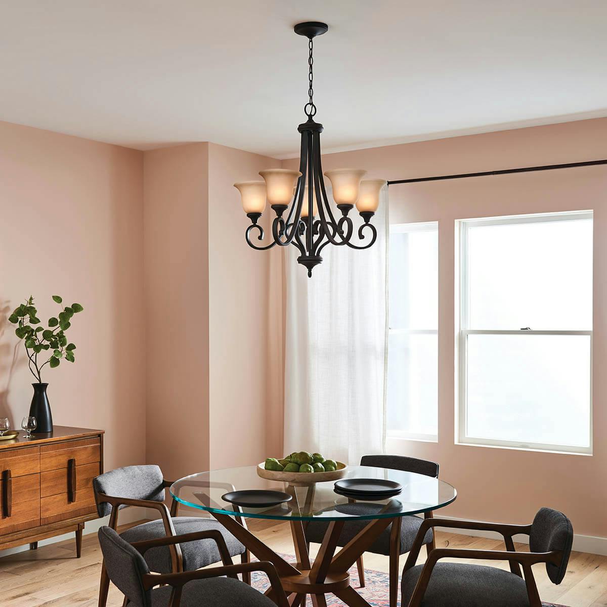 Day time dining room with Monroe™ 5 Light Chandelier in Olde Bronze®